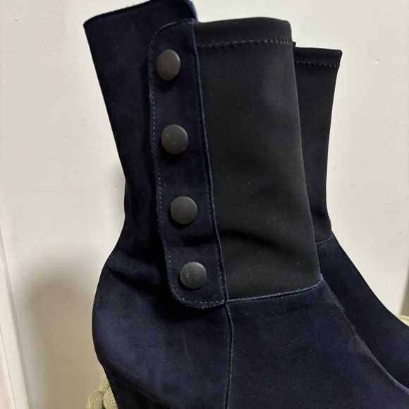 Arche Navy Blue Nubuck Black Snap Block Heel Mid Calf Boots - Picture 3 of 12